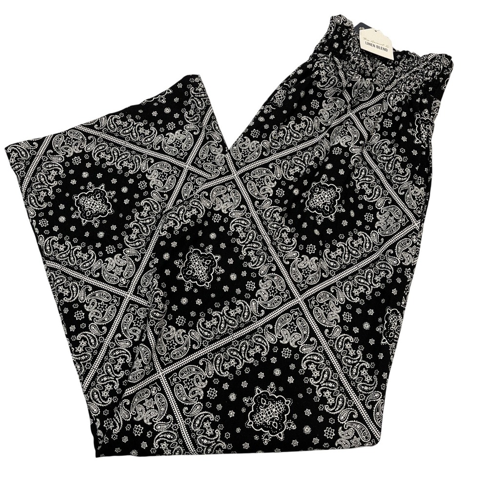 Monteau‎ Pants Black Bandana Print Linen Blend Size L Pull On Wide Leg Western